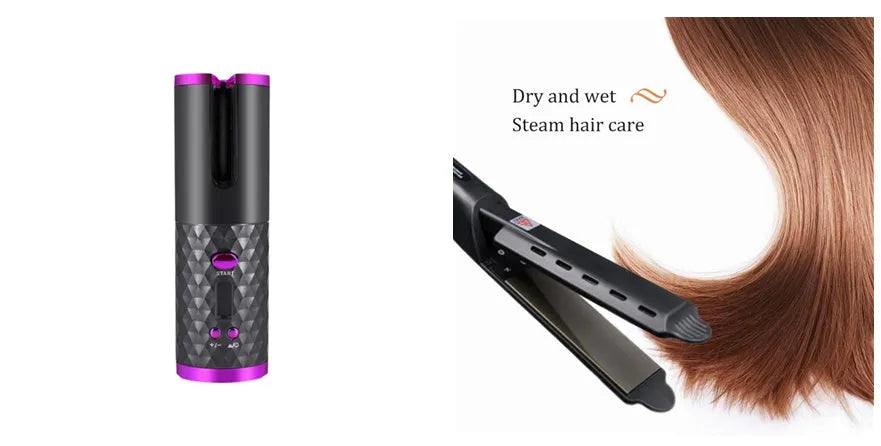 White USB curling iron with gold ceramic barrel and temperature control display