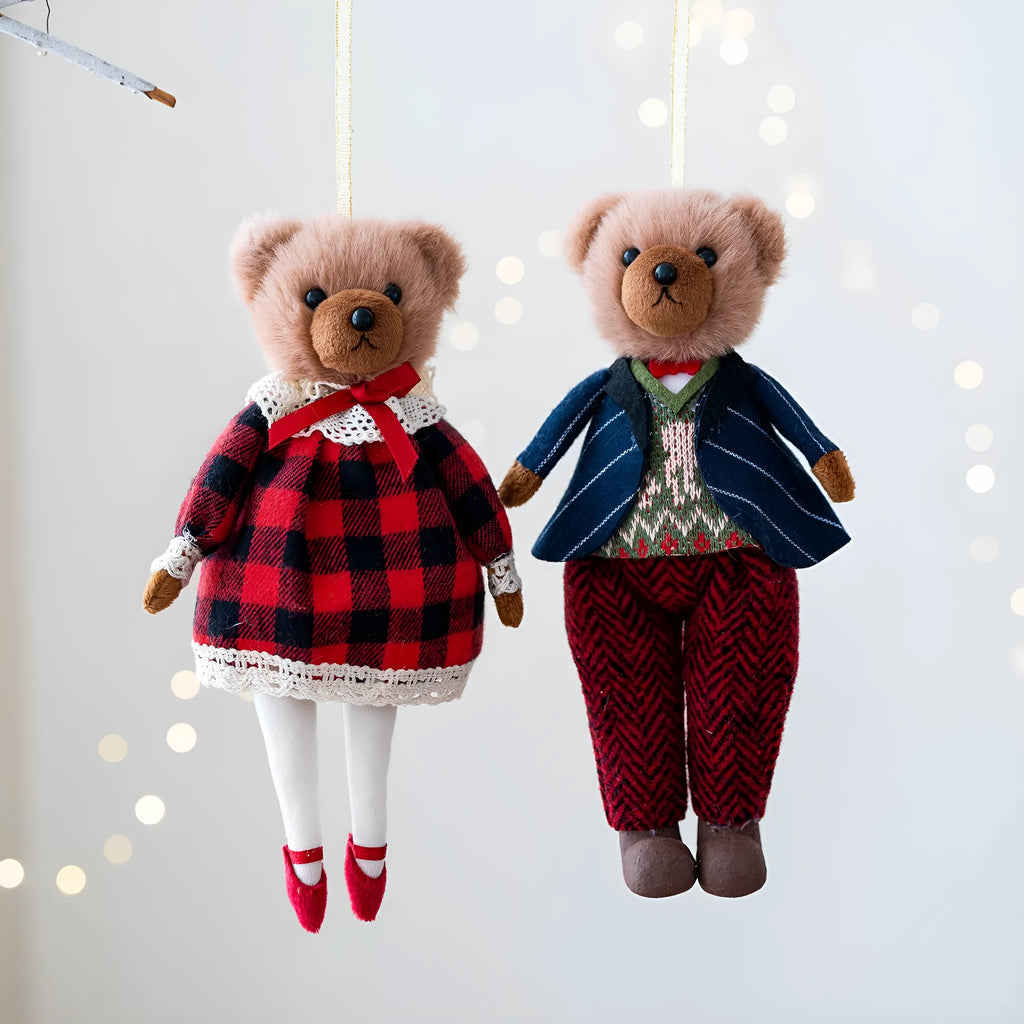 Cartoon-style plush bear couple set showing princess bear and gentleman bear with plaid suit design in soft cloth fabric
