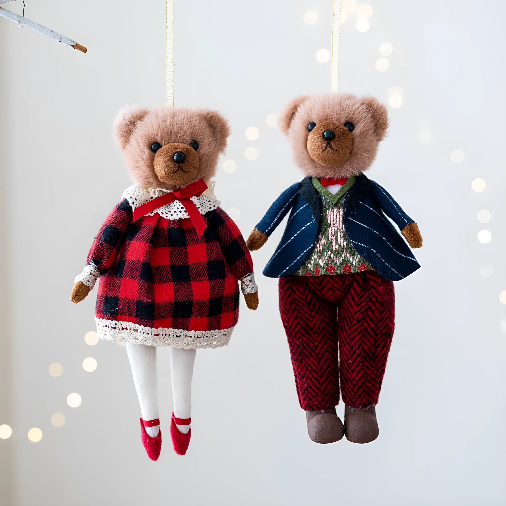 Cartoon-style plush bear couple set showing princess bear and gentleman bear with plaid suit design in soft cloth fabric