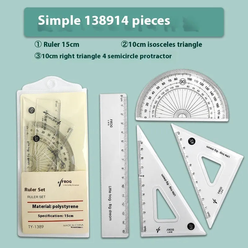 Transparent acrylic drawing ruler set with protractor for technical drafting and geometry