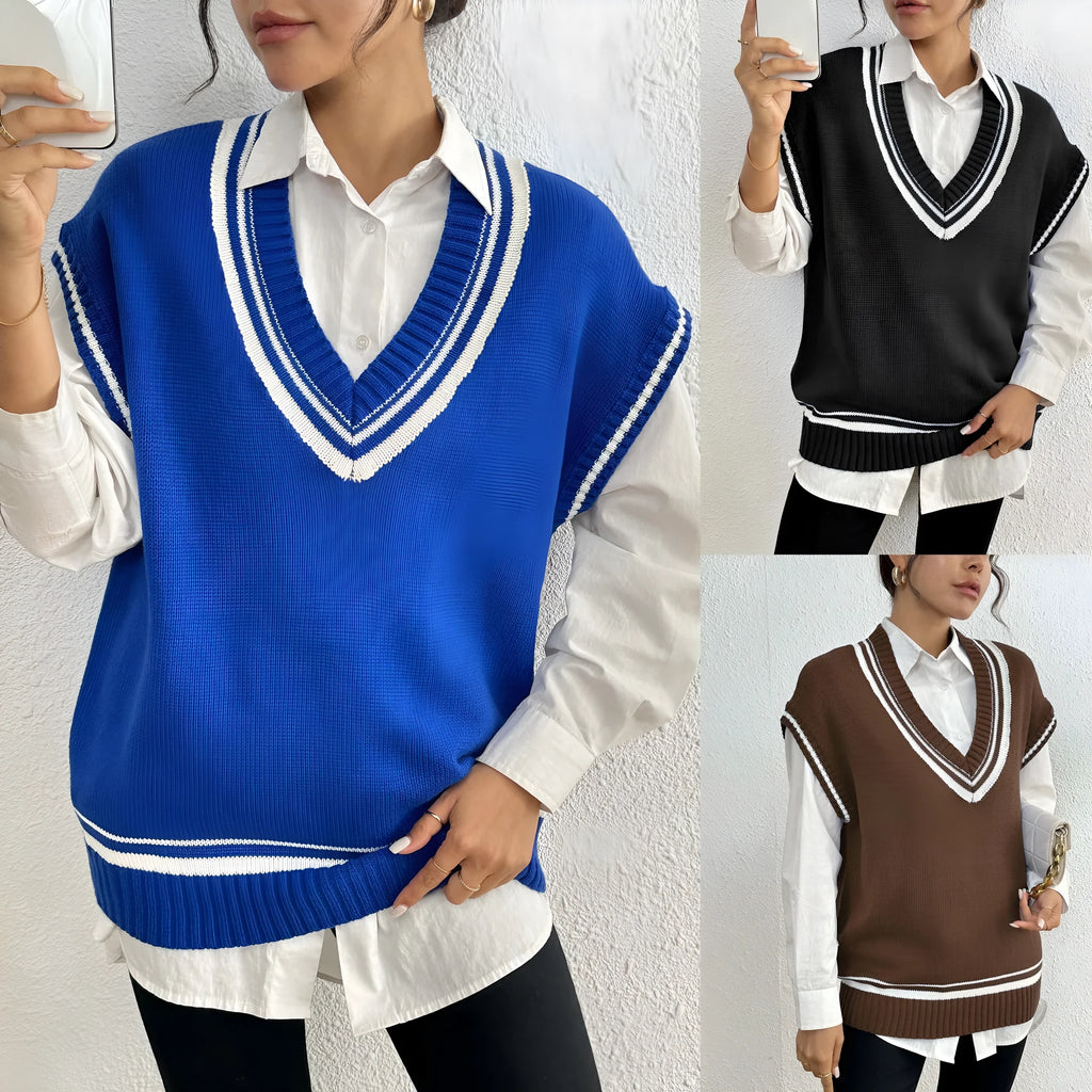Women's loose college-style acrylic vest sweater in blue, coffee or black colours
