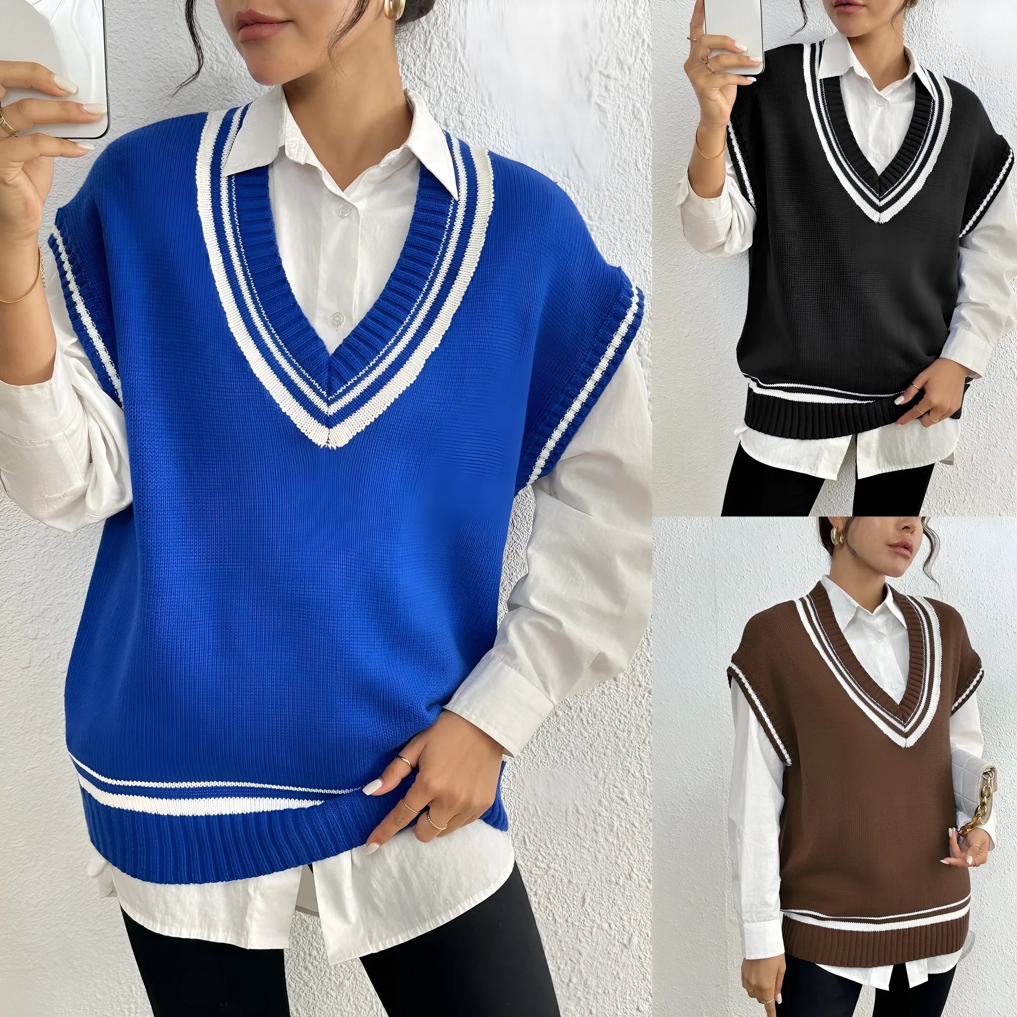 Women's loose college-style acrylic vest sweater in blue, coffee or black colours