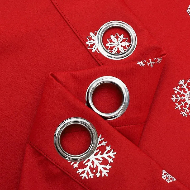 Snowflake pattern shade cloth curtain in polyester, showing red or green trim with lace loop or iron hoop detail.