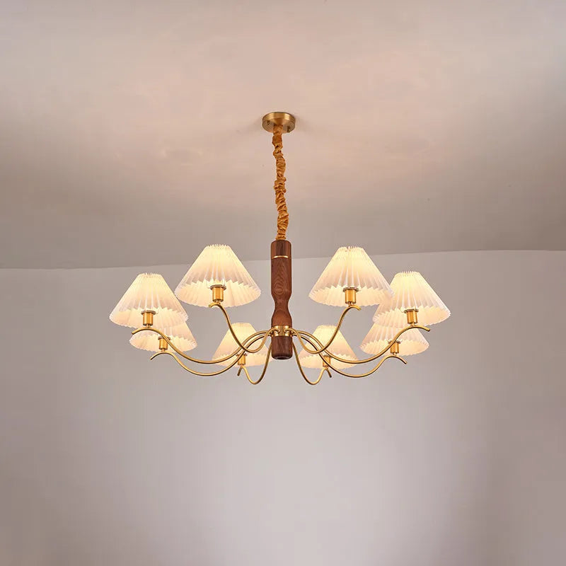 American retro style wall lamp with rubber wood frame and fabric shade in walnut wood colour