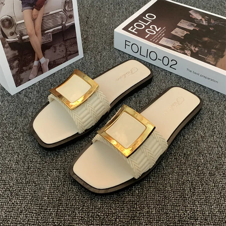 Women's summer flat slippers in apricot colour with waterproof PVC sole