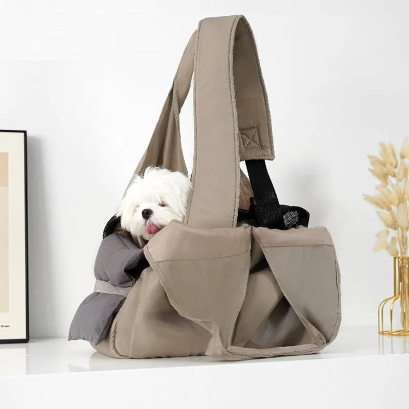 Apricot cloth pet handbag measuring 41x16x28cm with carry handles for outdoor summer use