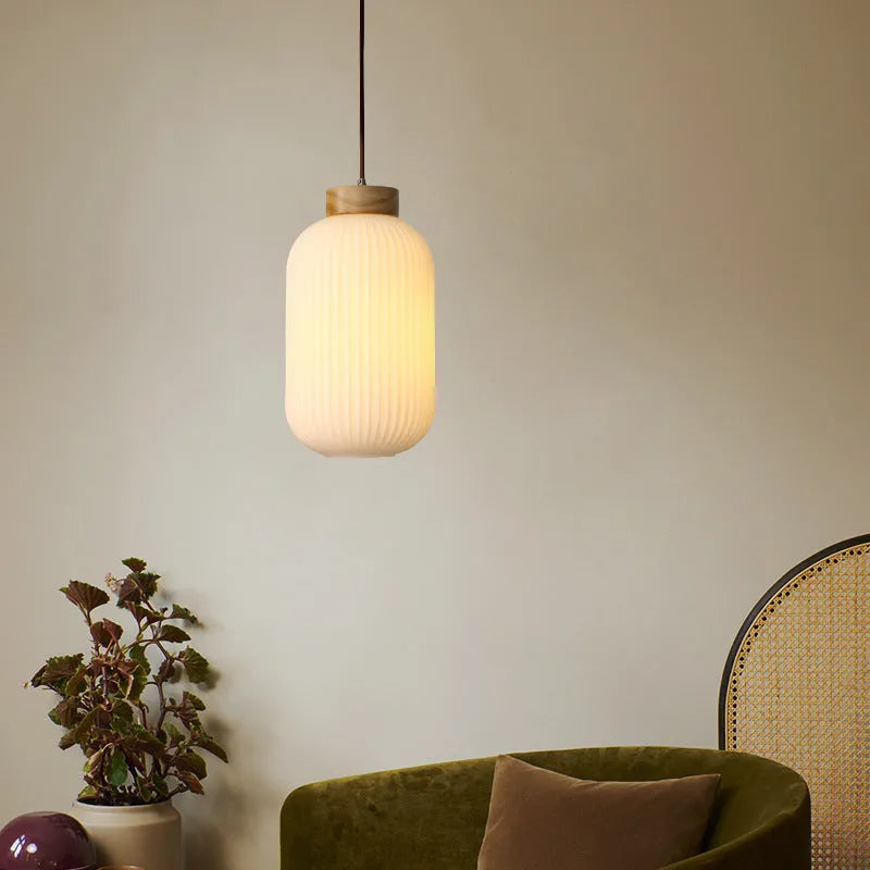 Retro Nordic style wooden pendant ceiling light with spherical shade