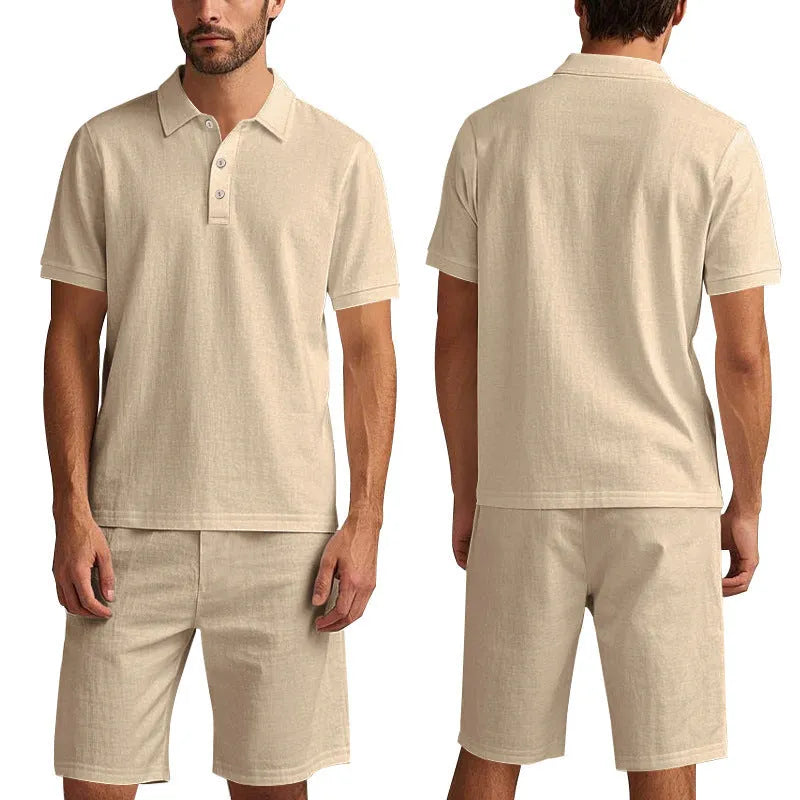 Men's light-coloured linen shorts suit with short sleeve top and matching shorts for summer casual wear