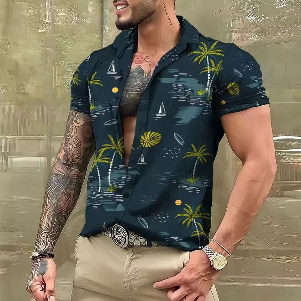Man wearing a loose-fitting short-sleeve shirt with a colourful floral print pattern.