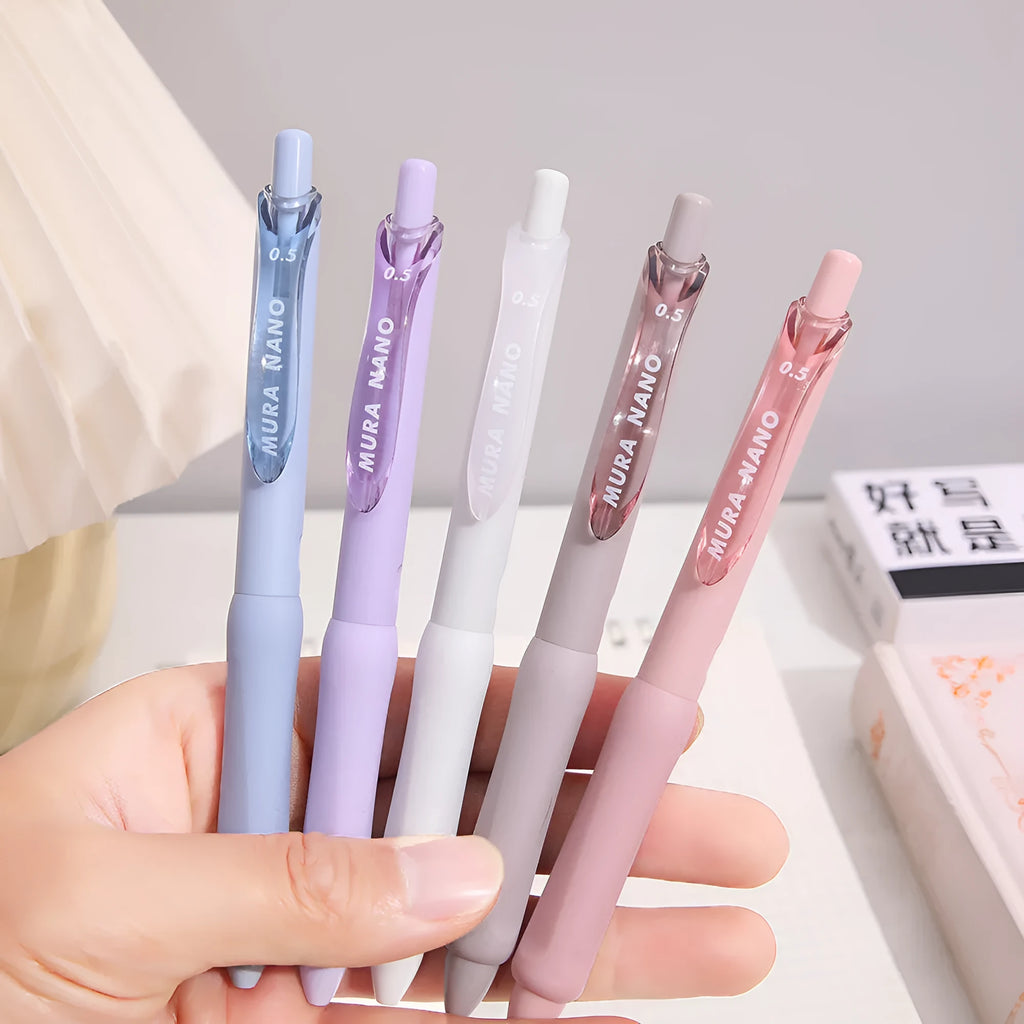 Macaron Colour Student Press Gel Pen with 0.5mm tip in smoked white, brown, and pink options
