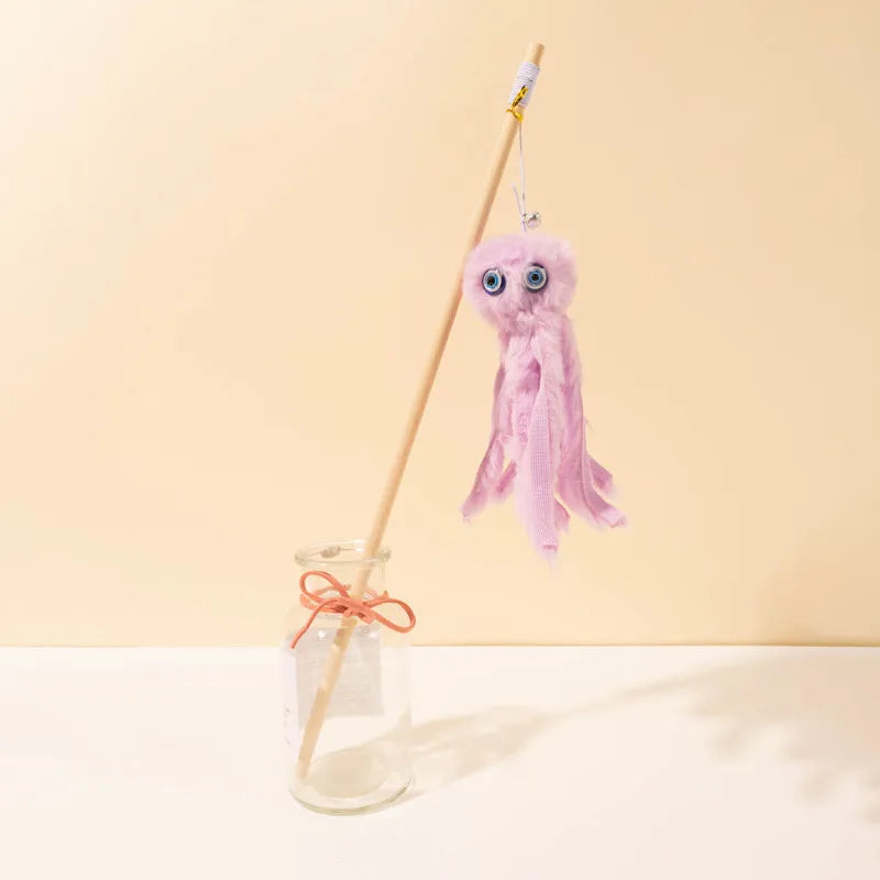 Octopus design cat toy with long stick wand for indoor kitten play in multiple colour options