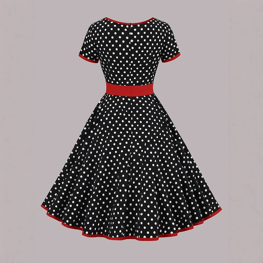Women's polka dot pleated dress with square collar and front zipper closure in multicolour pattern