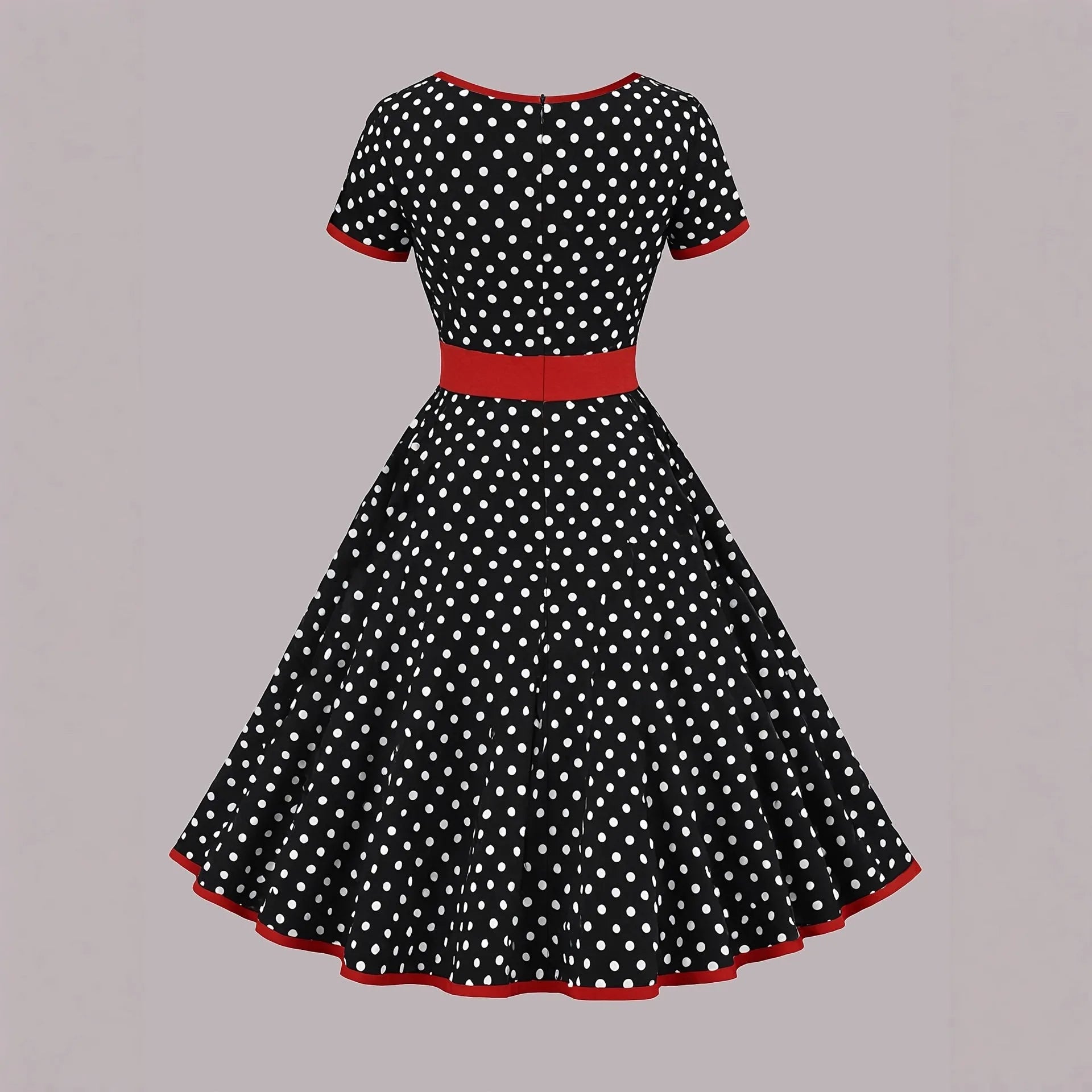 Women's polka dot pleated dress with square collar and front zipper closure in multicolour pattern