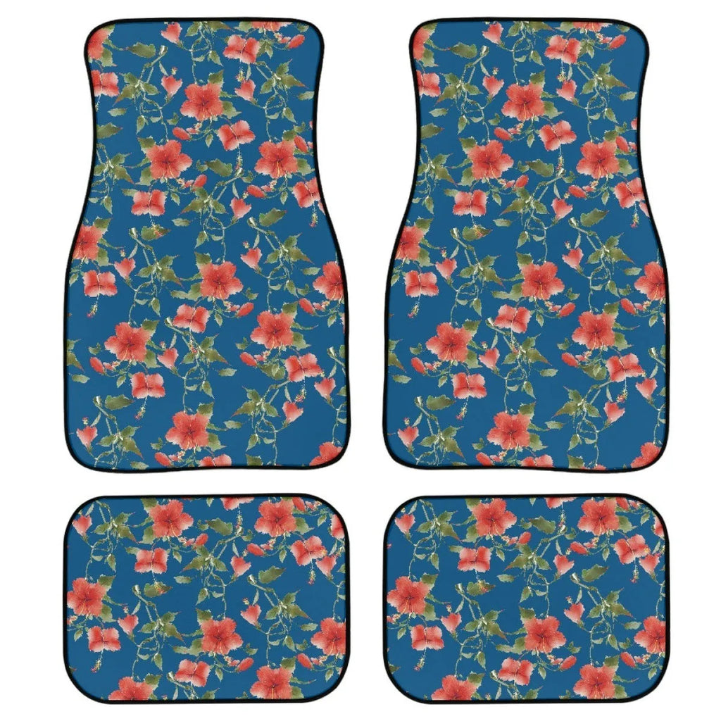 Black universal car rubber floor mat set, 4 pieces with printed pattern and 20mm thickness.