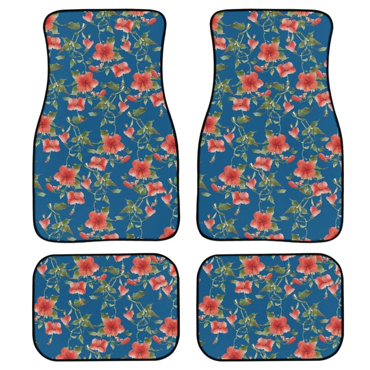 Black universal car rubber floor mat set, 4 pieces with printed pattern and 20mm thickness.
