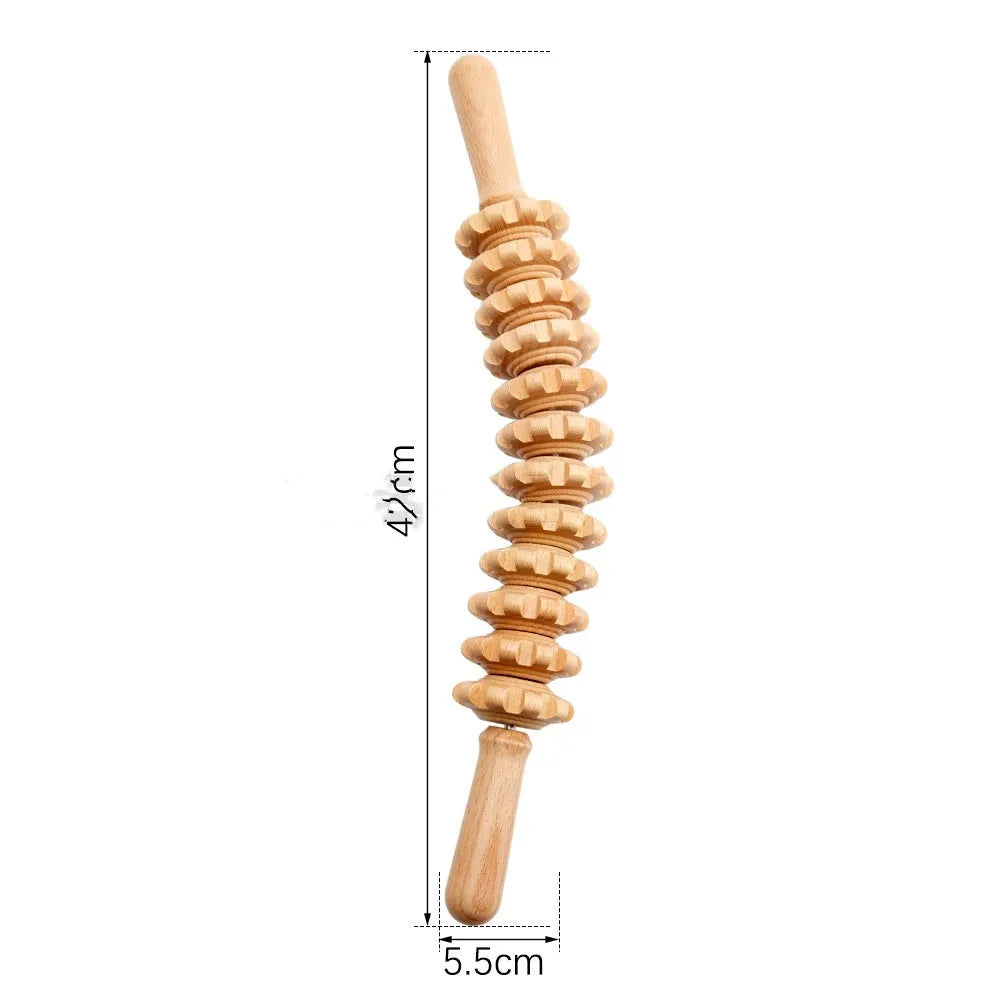 Natural beech wood massage roller set with multiple wheel configurations including straight and curved designs