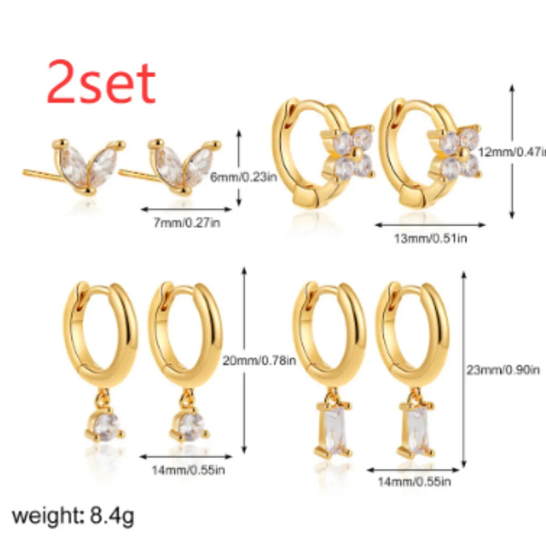 Geometric square copper earrings with zircon plating in gold and silver four-piece sets for women
