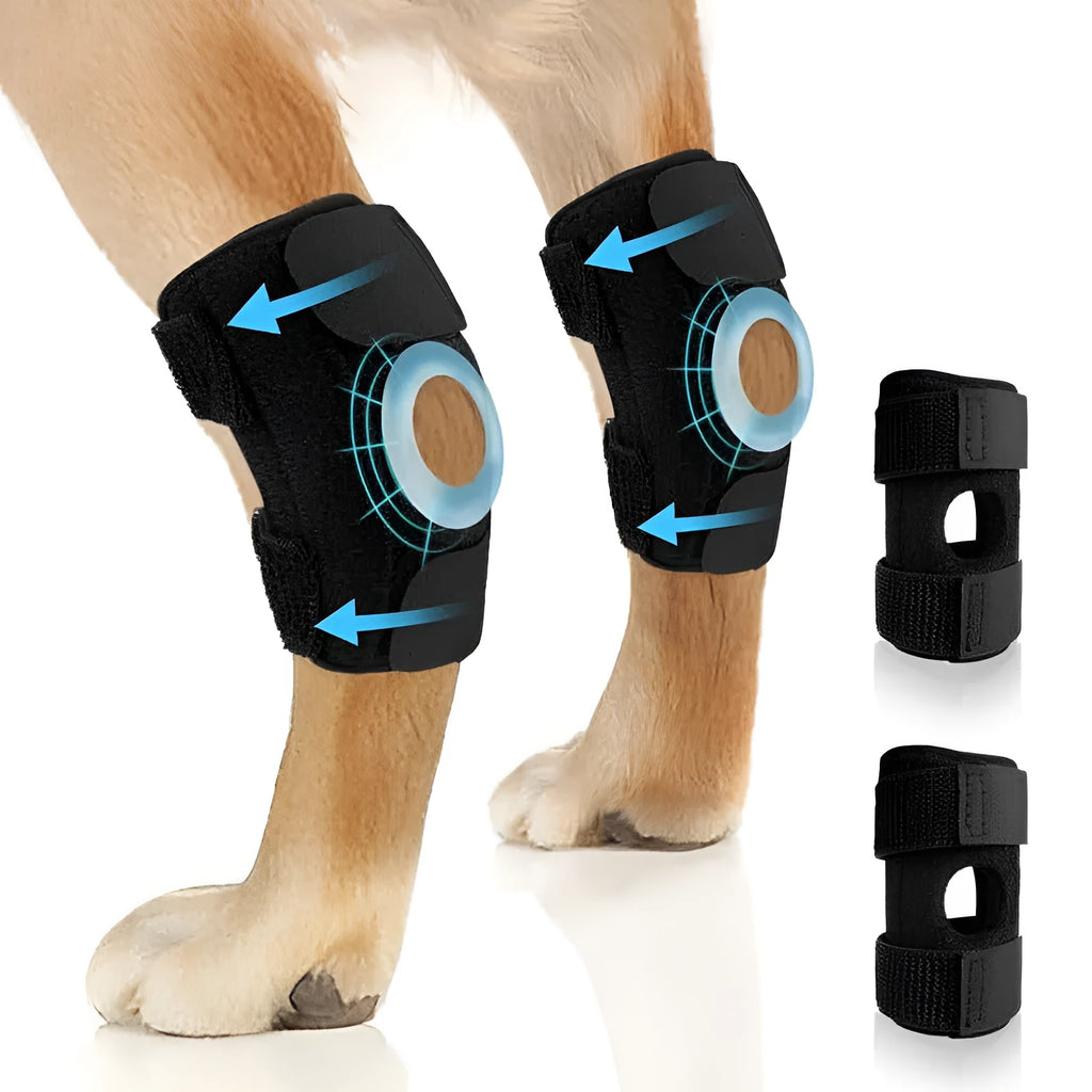 Black polyester dog leg guard for knee joint support and ACL tear rehabilitation.