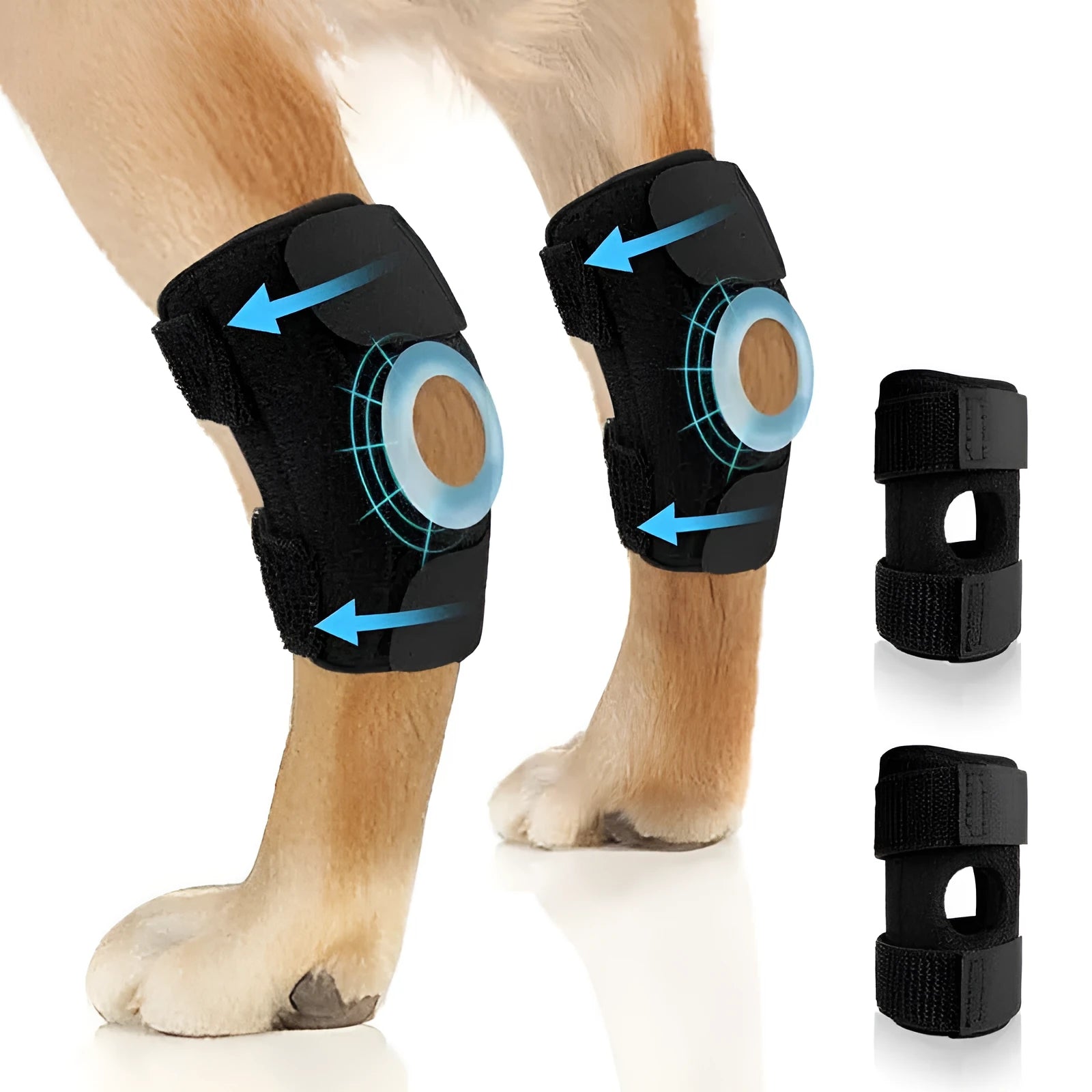 Black polyester dog leg guard for knee joint support and ACL tear rehabilitation.