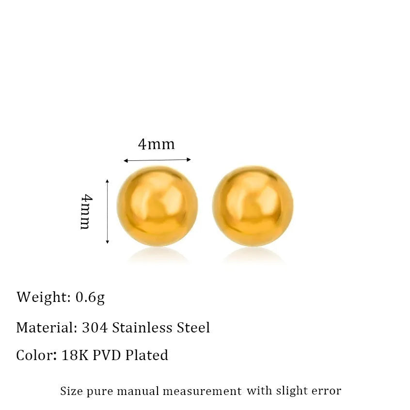 Stainless steel ball stud earrings showing 3mm, 4mm, 5mm, and 6mm sizes with gold and silver finishes