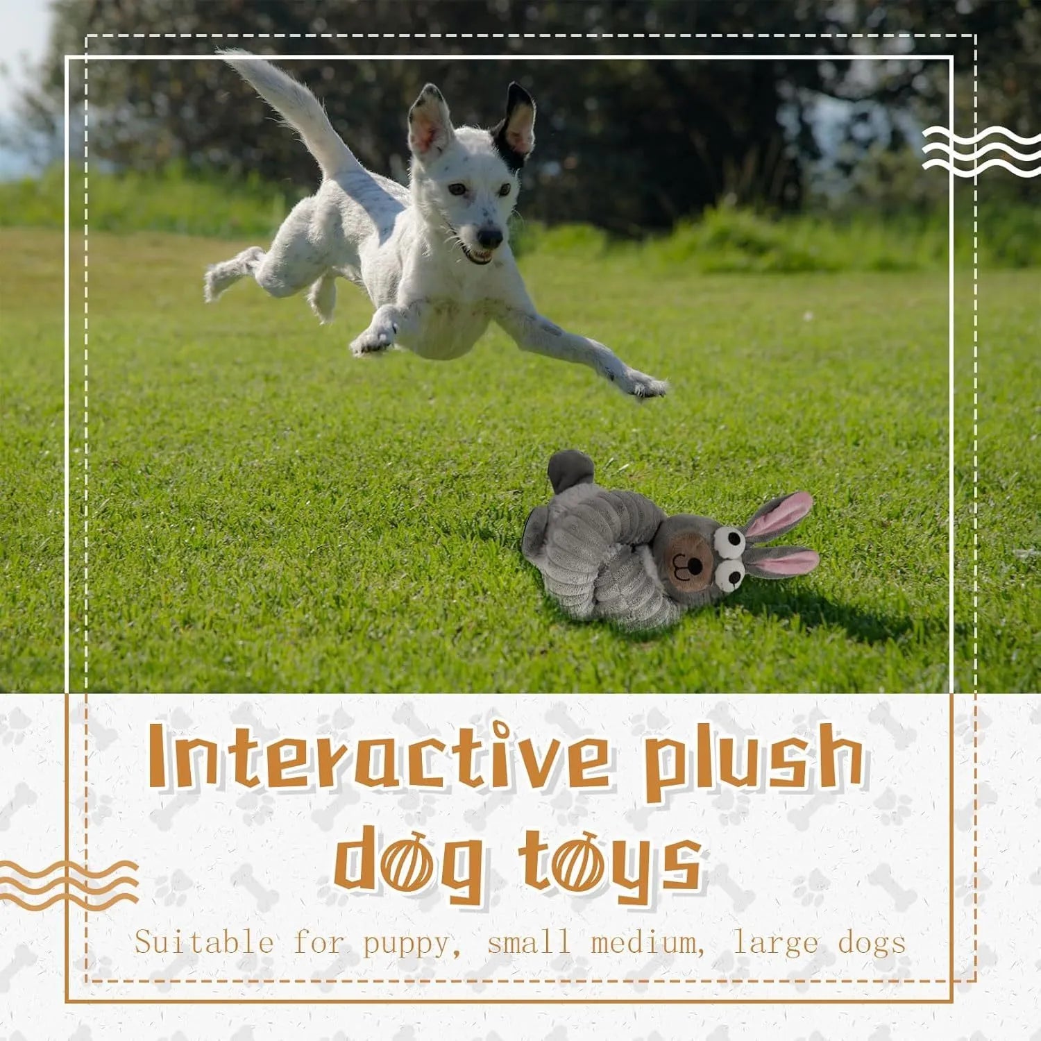 Brown, grey, and yellow plush stuffed dog toys with a squeaker and foldable design