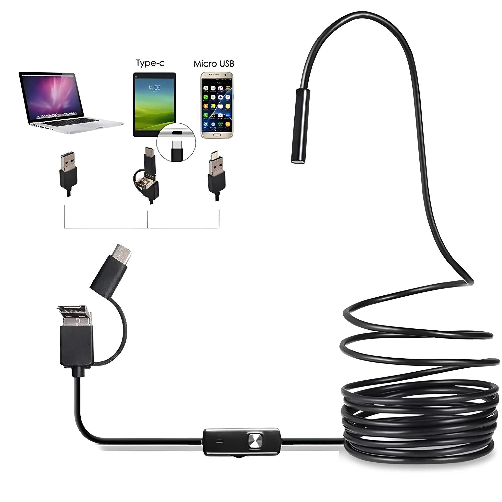USB C Android endoscope with flexible cable, IP67 waterproof, showing 5.5mm and 7mm camera head options