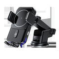 Black car wireless phone charger holder with 15W charging, showing both suction cup and clip mounting options