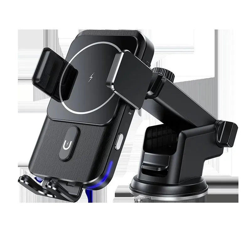 Black car wireless phone charger holder with 15W charging, showing both suction cup and clip mounting options