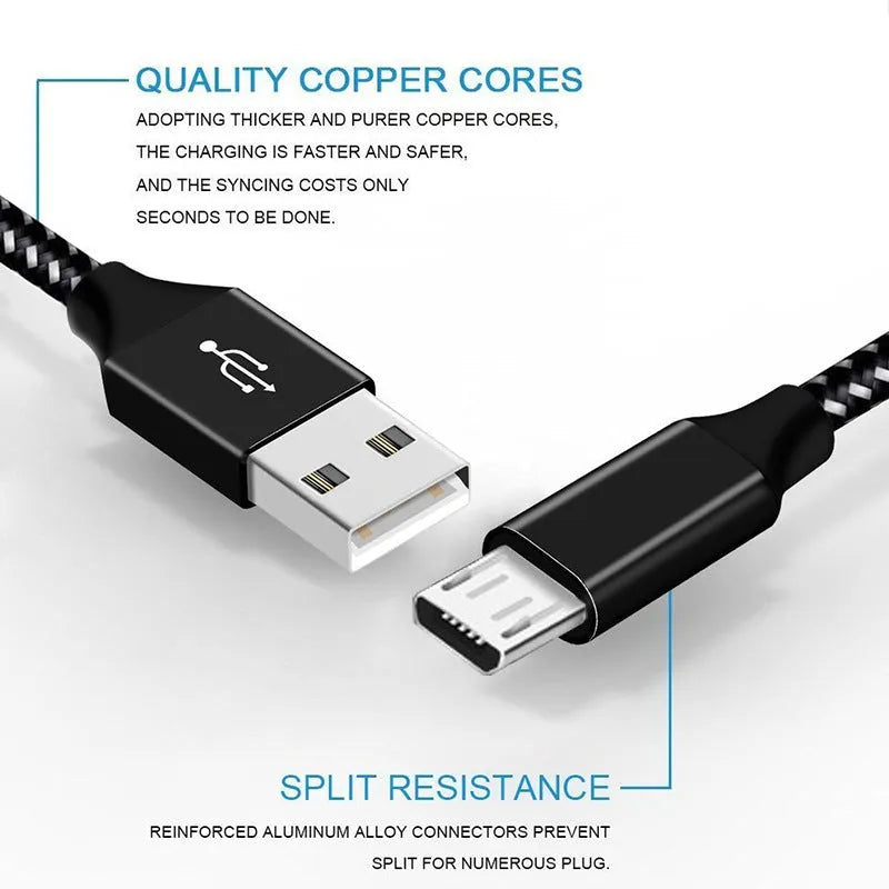 Braided nylon fast charging USB cable with Micro USB connector for Android phones in black and white.