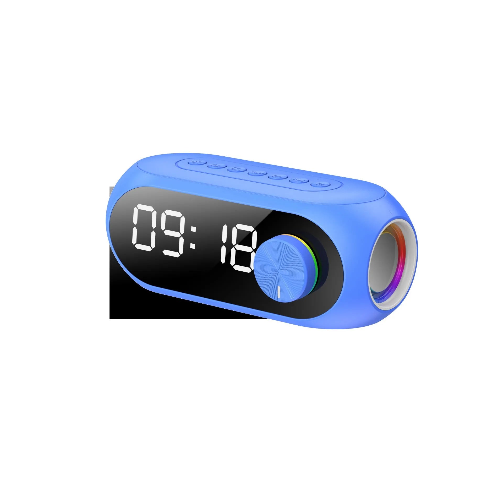 Portable mini speaker with extra bass features and digital clock display in black, blue, or white colour options