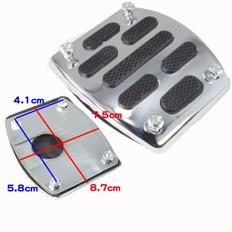 Metal motorcycle brake pedal skid plate replacement part showing three configuration options