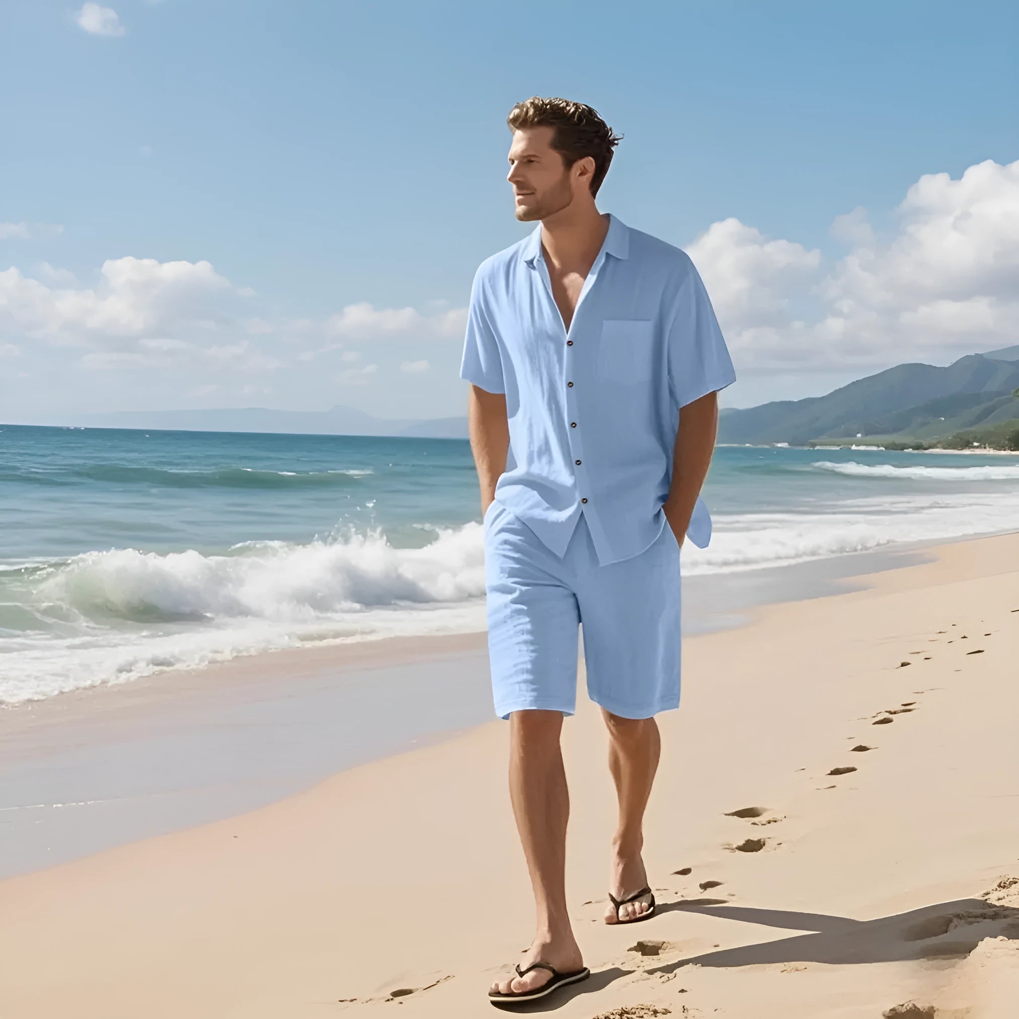 Linen blend casual short sleeve shirt and matching shorts set laid flat, shown in light blue colour.