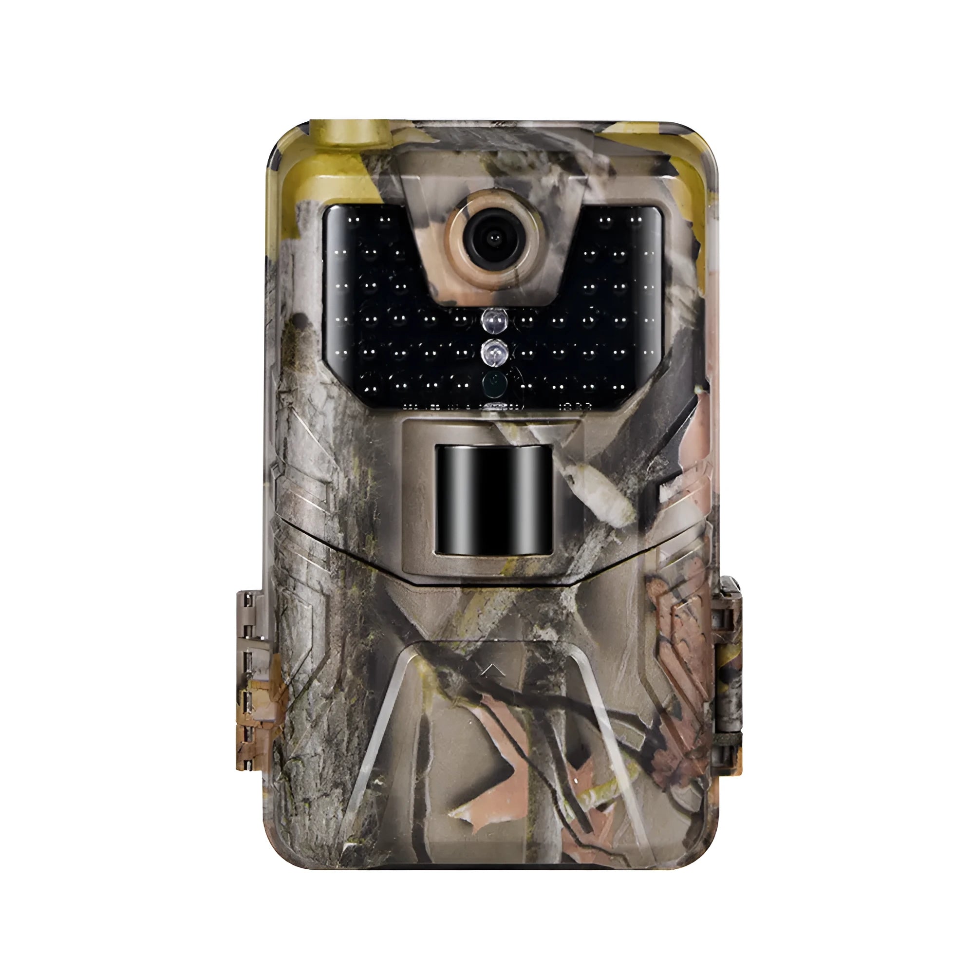 Camouflaged outdoor hunting camera with infrared LEDs, showing compact design for wildlife and security monitoring.