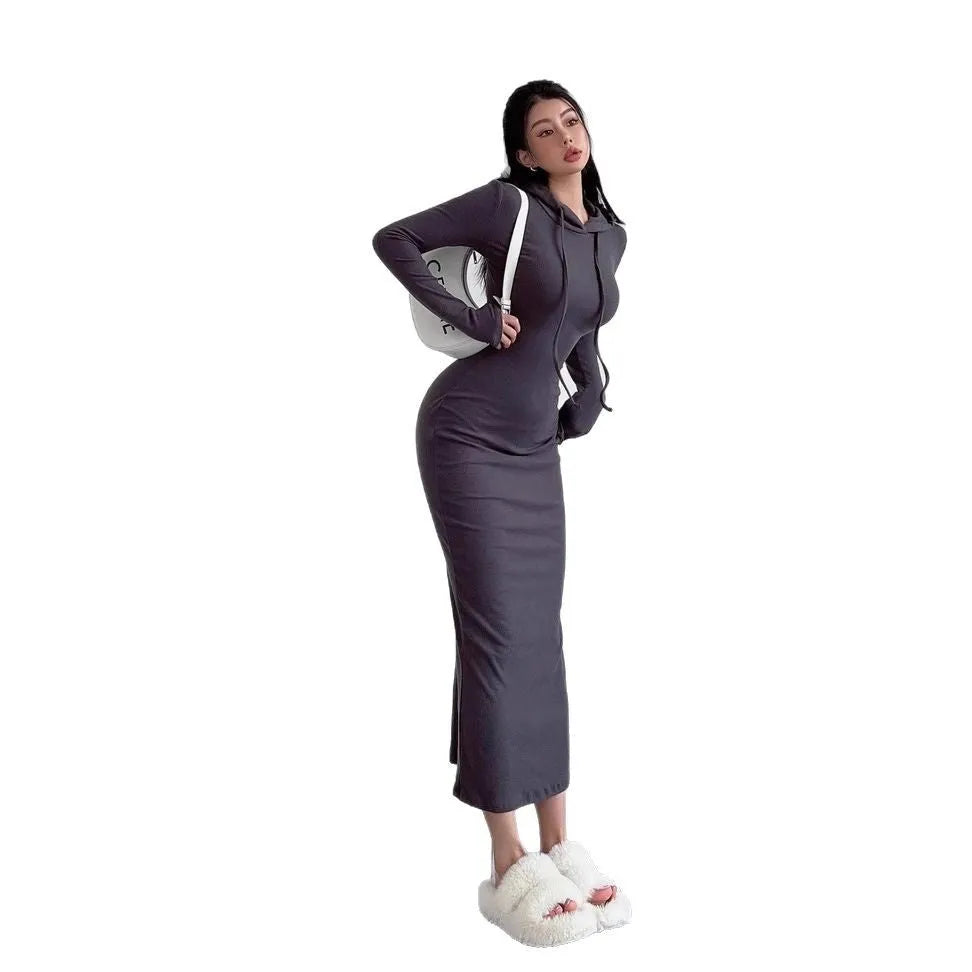 Women's grey hooded sheath dress with long sleeves and high waist, knee-length polyester fabric