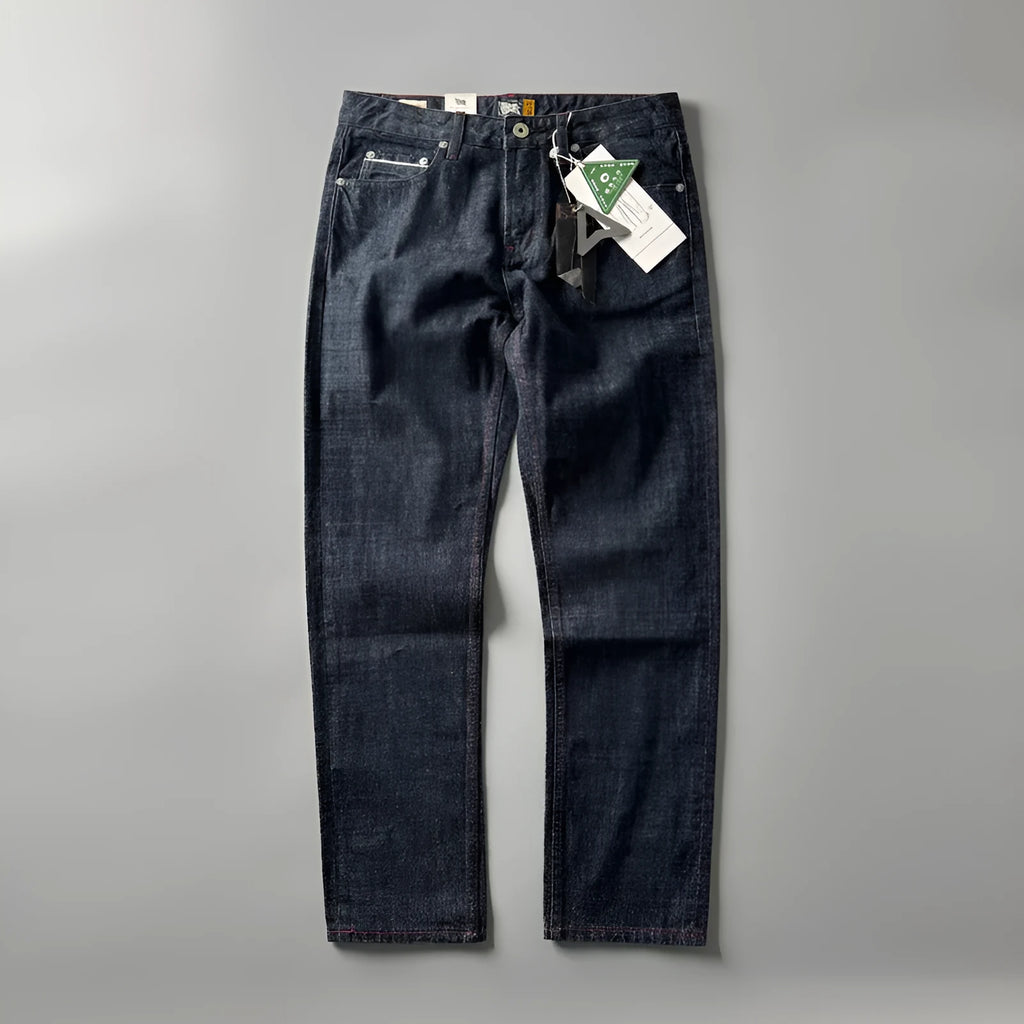 Men's straight leg cotton denim trousers in primary colour showing retro American style
