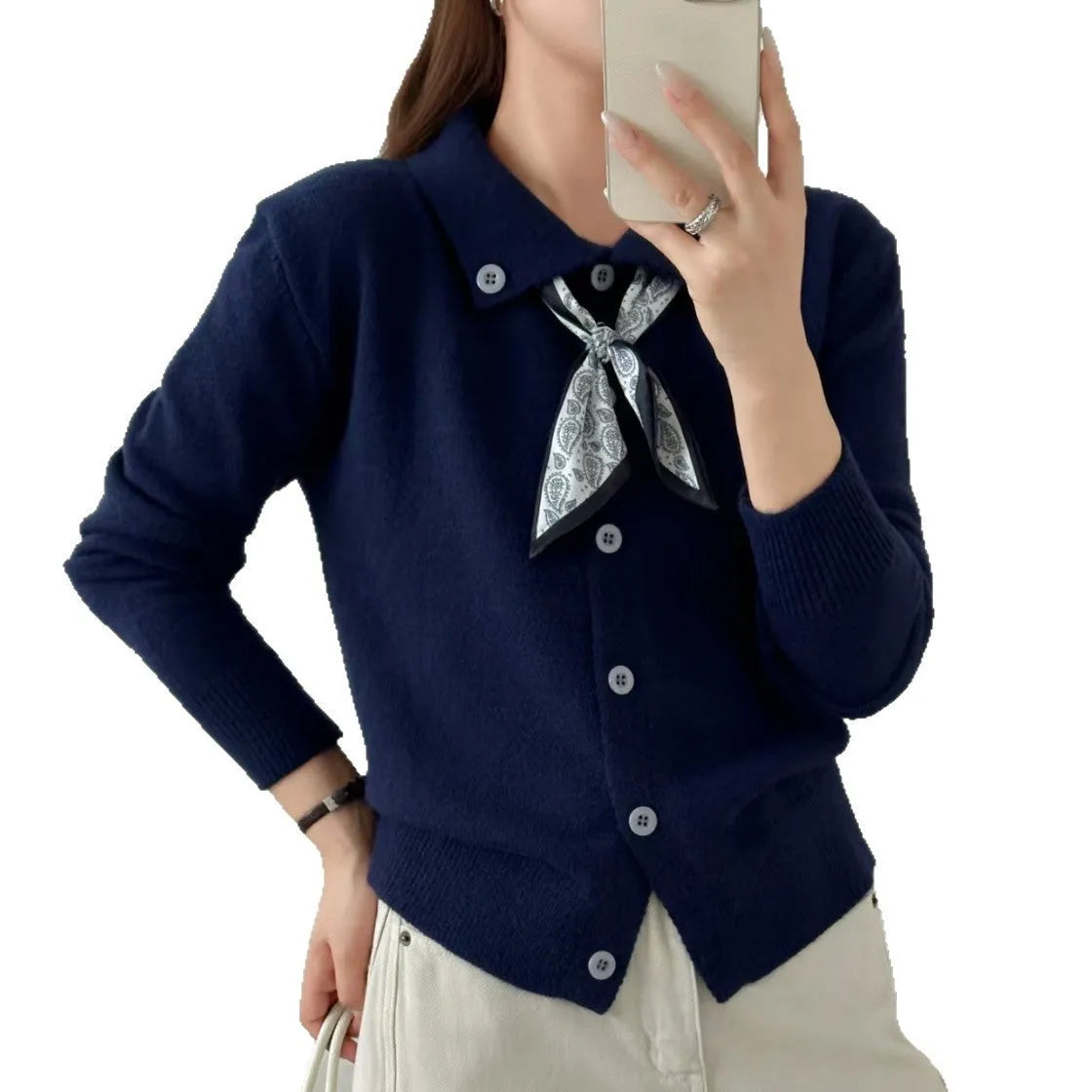 Women's lapel scarf sweater cardigan in acrylic fibre available in four neutral colours