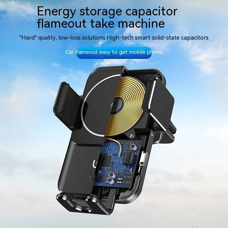 Black car wireless phone charger holder with 15W charging, showing both suction cup and clip mounting options