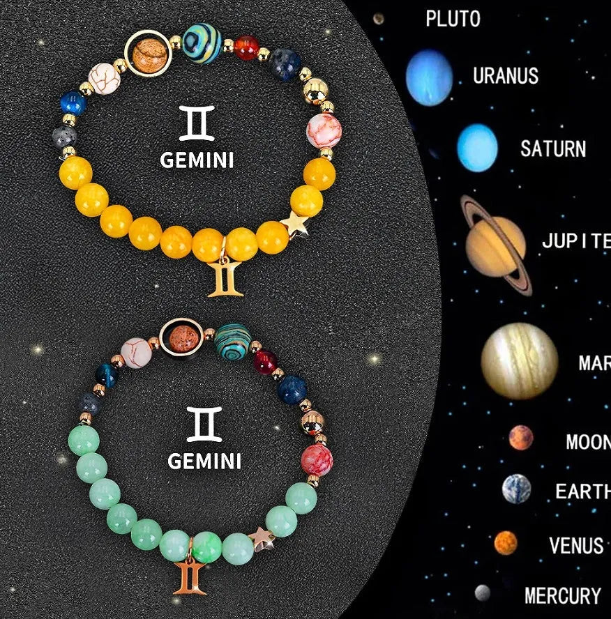 Two natural stone beaded bracelets with zodiac charm pendants on adjustable leather straps