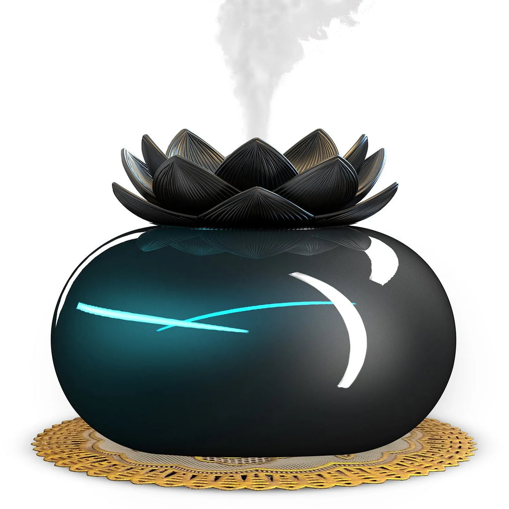 Pure black USB aromatherapy humidifier with ceramic lotus flower design on round base