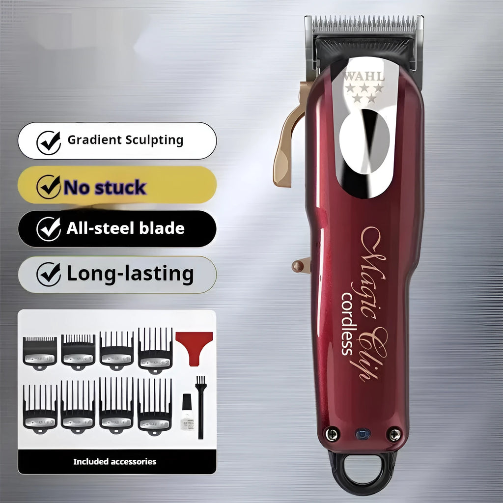 Cordless rechargeable hair clipper with stainless steel cutter head for home use.
