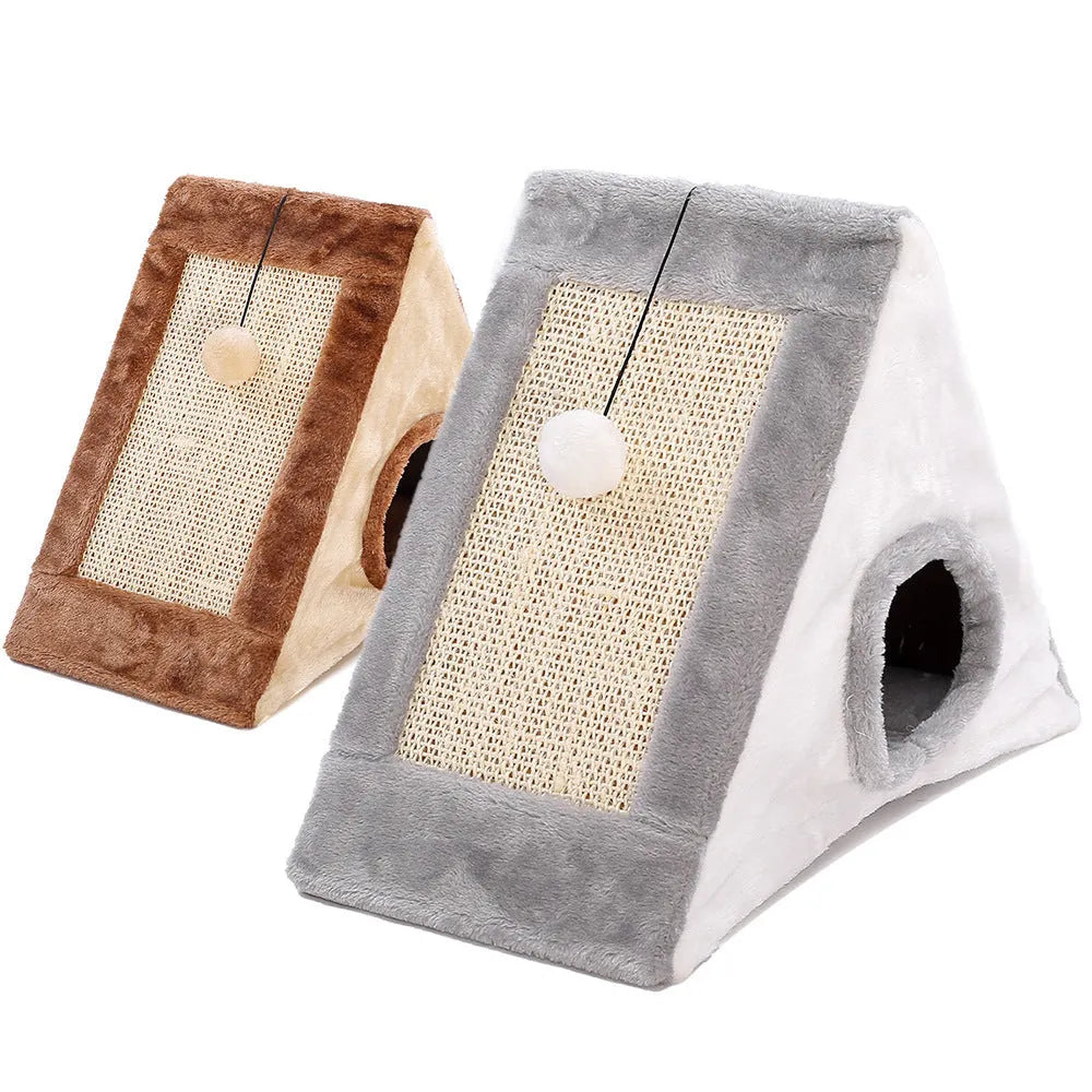Grey and white triangle-shaped cat scratching post with an integrated plush fur bed for lounging.