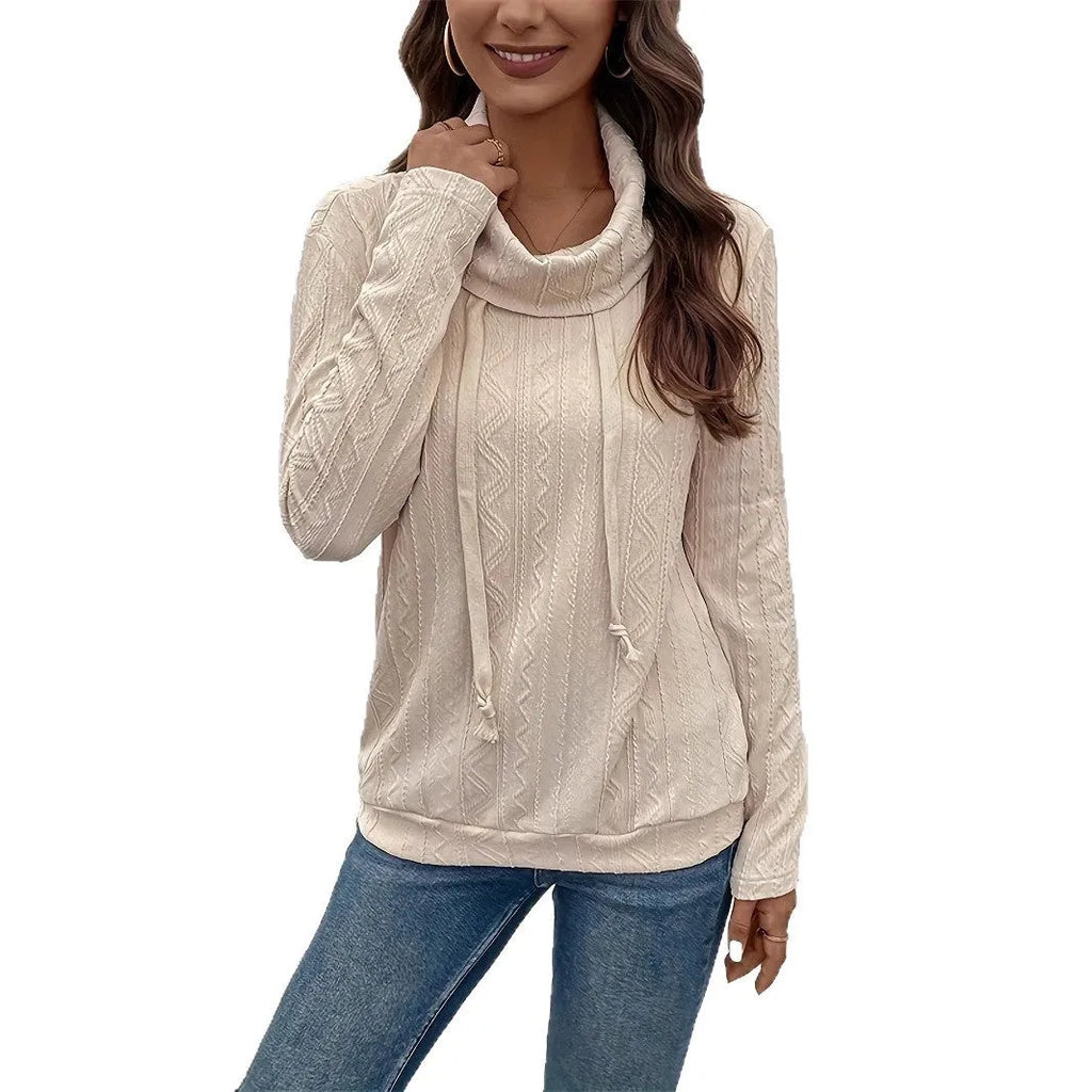 Apricot coloured hooded pullover sweater with long sleeves and drawstring