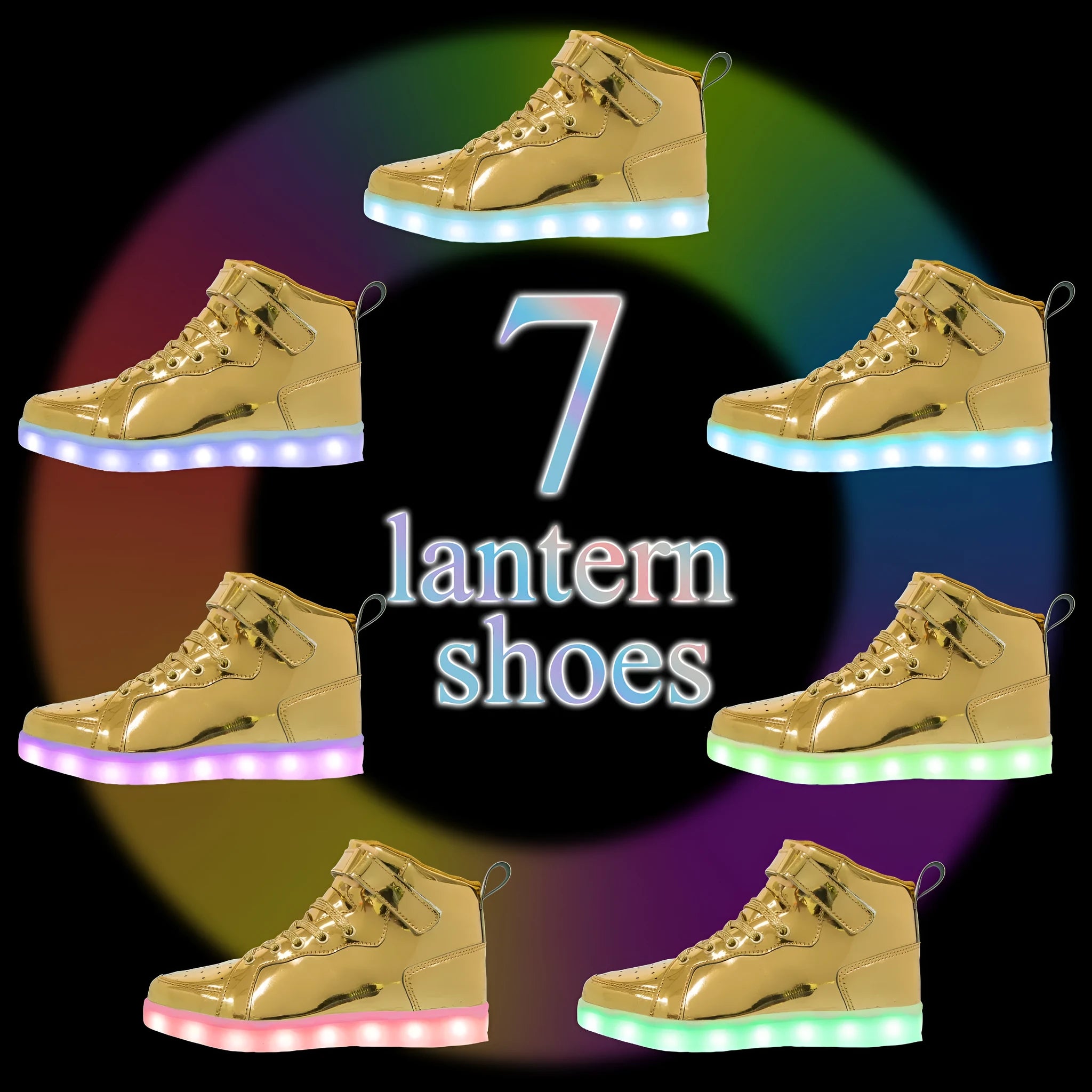 Unisex black LED high-top trainers with Velcro strap and glowing lights on the sole.