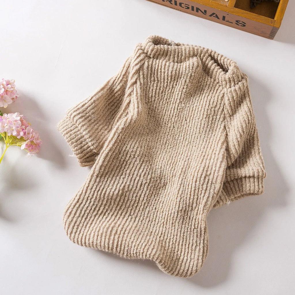 Brown cloth sweater for small dog on hanger with size tags XS S M L XL