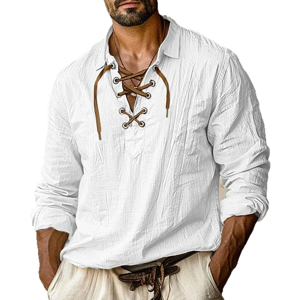 Men's plus size loose fit linen shirt in blue with long sleeves and pullover design