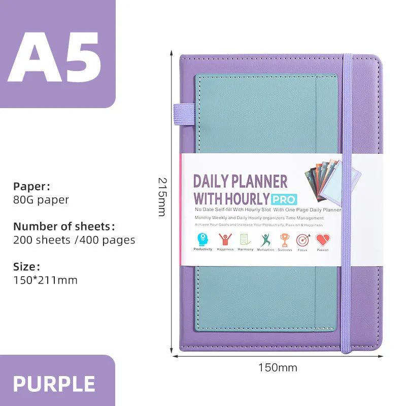 Self-filled no-date notebook with thread binding, showing PU cover in purple with planning stickers