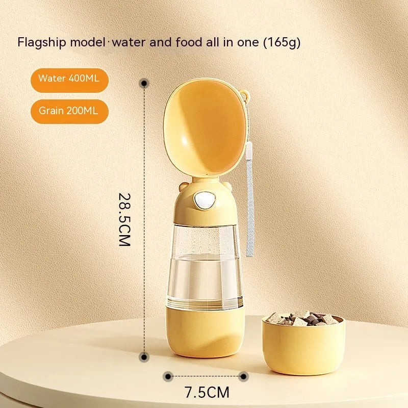 Portable dog water bottle and food container in yellow colour for outdoor pet travel
