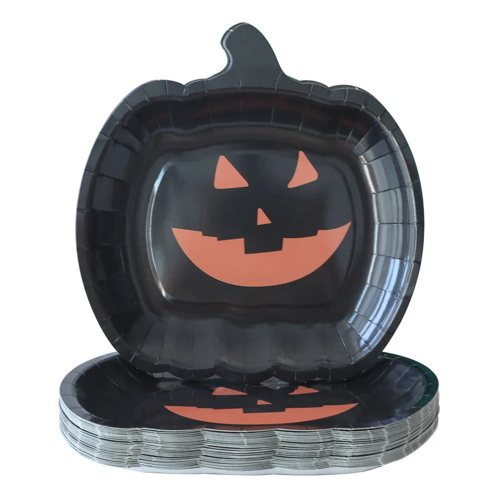Set of black disposable Halloween paper plates with orange pumpkin design, 9 inches in diameter.