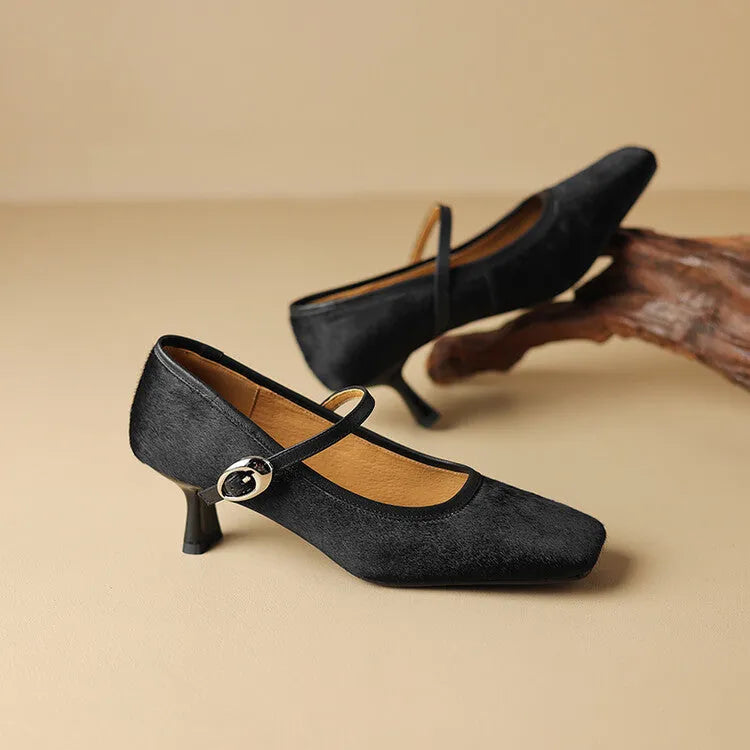 Women's black square toe stiletto heel ankle-strap shoes with horse hair upper and buckle closure