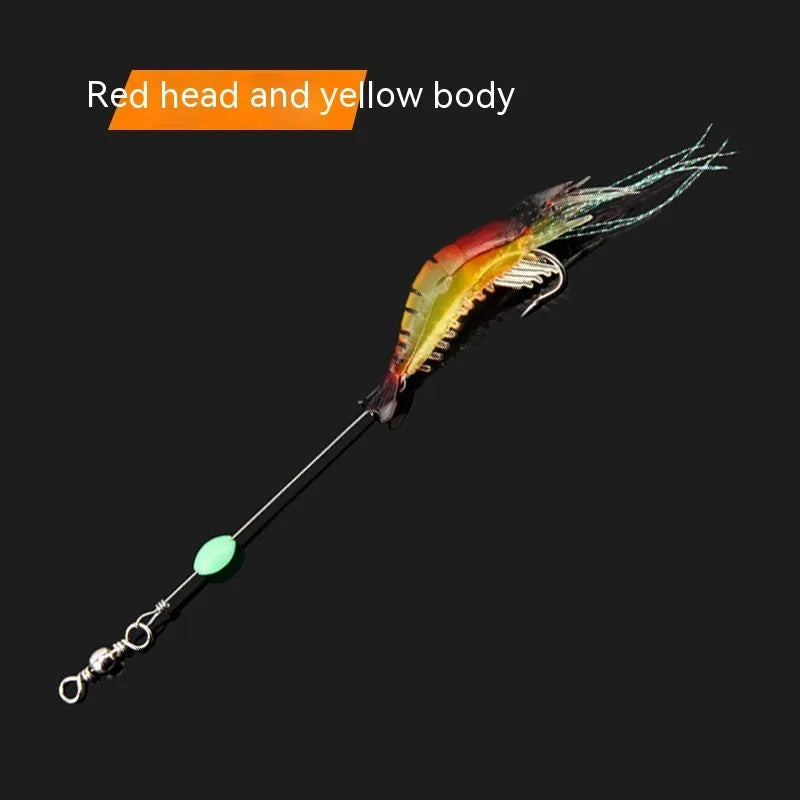Six Luer soft fishing lures with hooks in assorted colours including black head yellow body and luminous pink